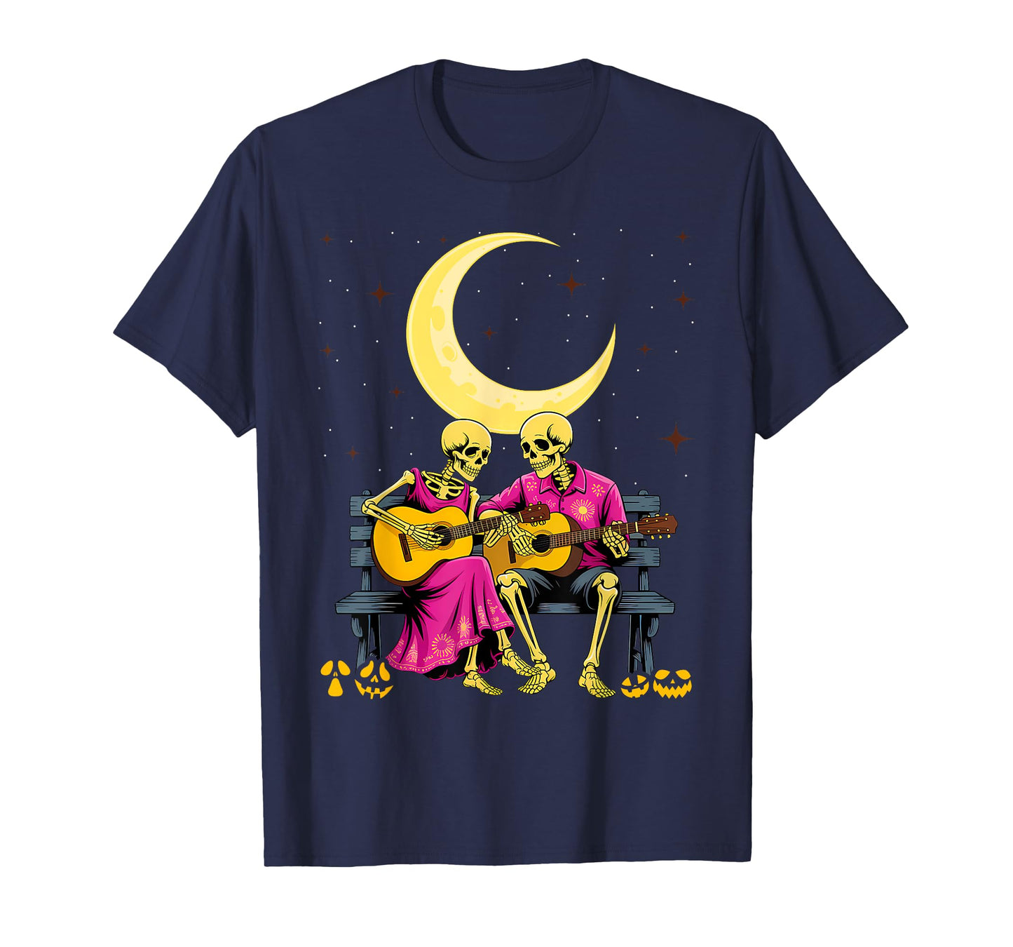 Skeleton Couple Playing Guitar on Moon Swing Halloween T-Shirt