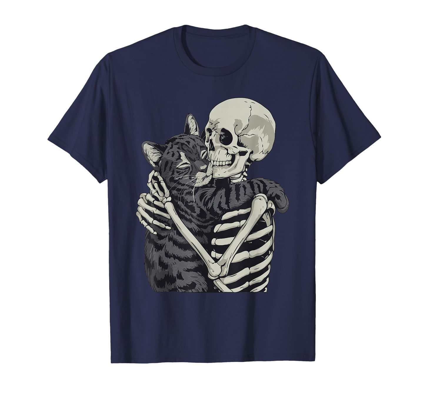 Black Cat Hugging Skeleton Halloween T-Shirt