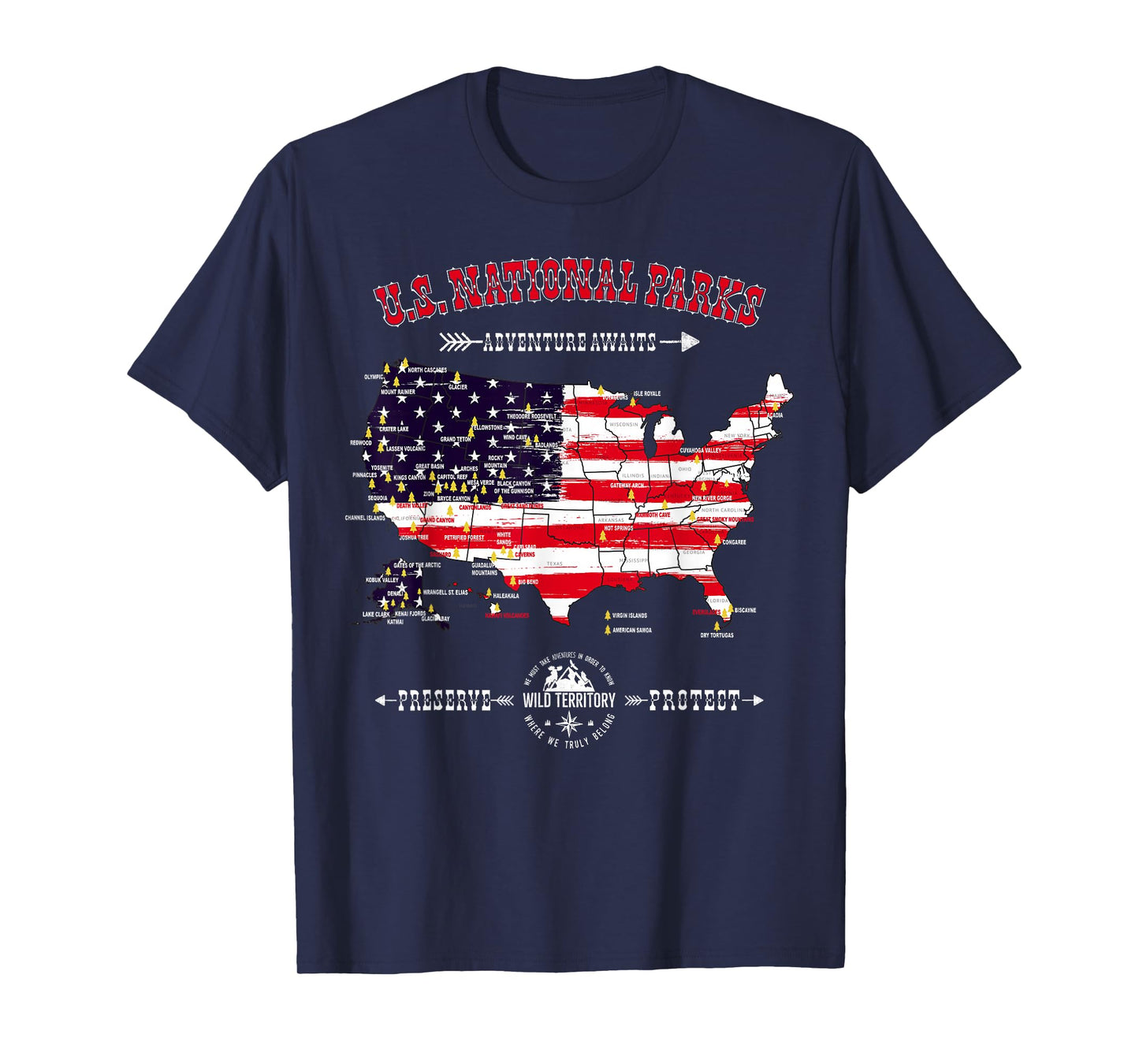 63 National Parks Map - Vintage American Flag Hiking Camping T-Shirt