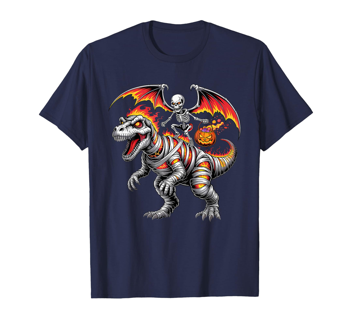 Skeleton Riding Mummy Dinosaur T Rex Kids Boys Men Halloween T-Shirt