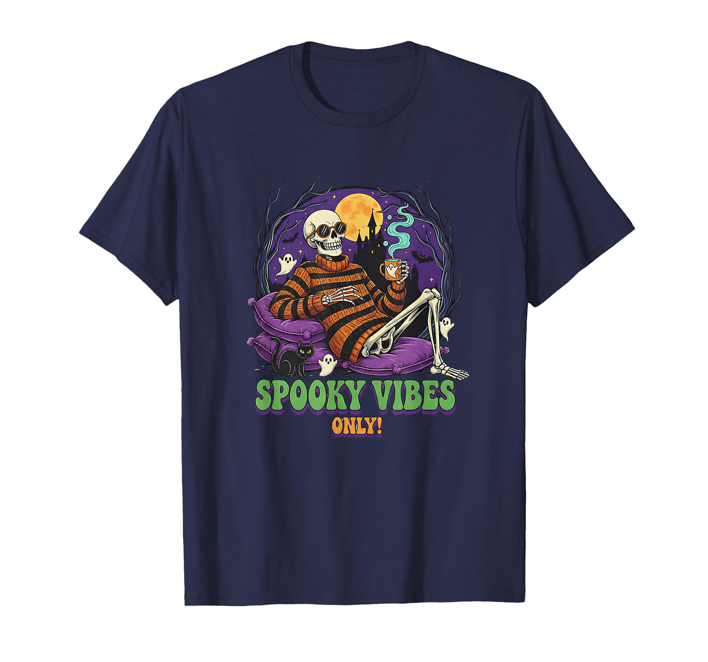 Funny Skeleton Spooky Vibes Only Halloween Retro Graphic T-Shirt