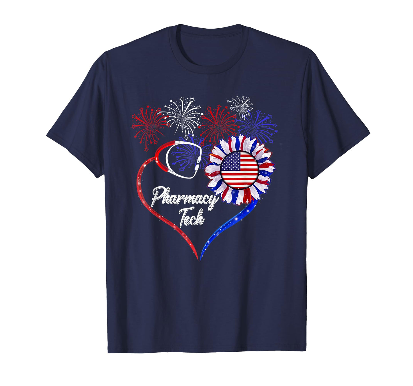 Patriotic Pharmacy Tech Sunflower 4th Of July American Flag T-Shirt for Women Men