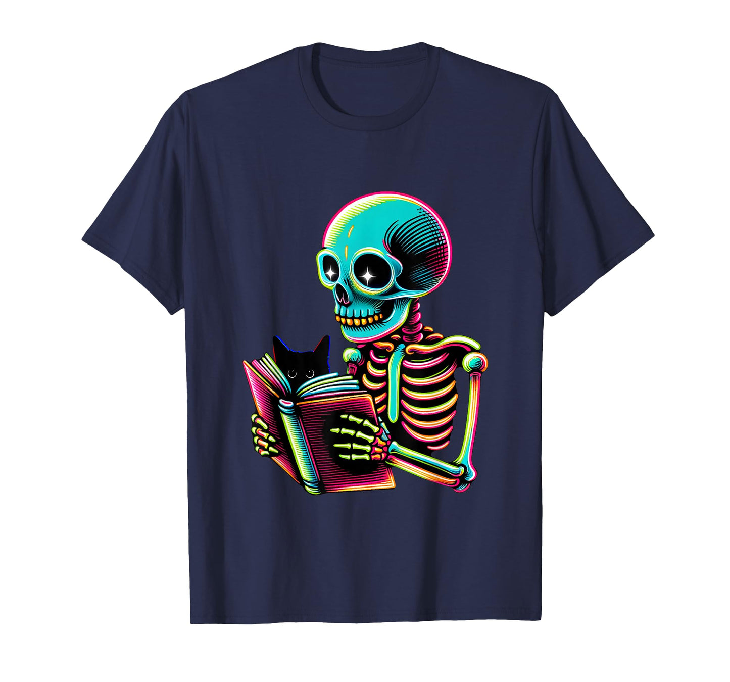 Skeleton Reading Book with Black Cat dad Reader and Bookish T-Shirt
