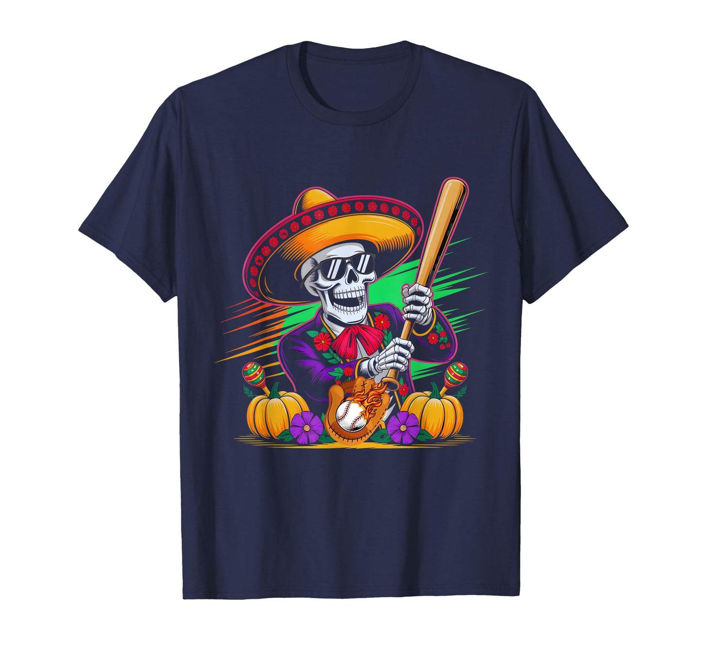 Mariachi Holloween Skeleton Baseball Holloween Fiesta Funny T-Shirt