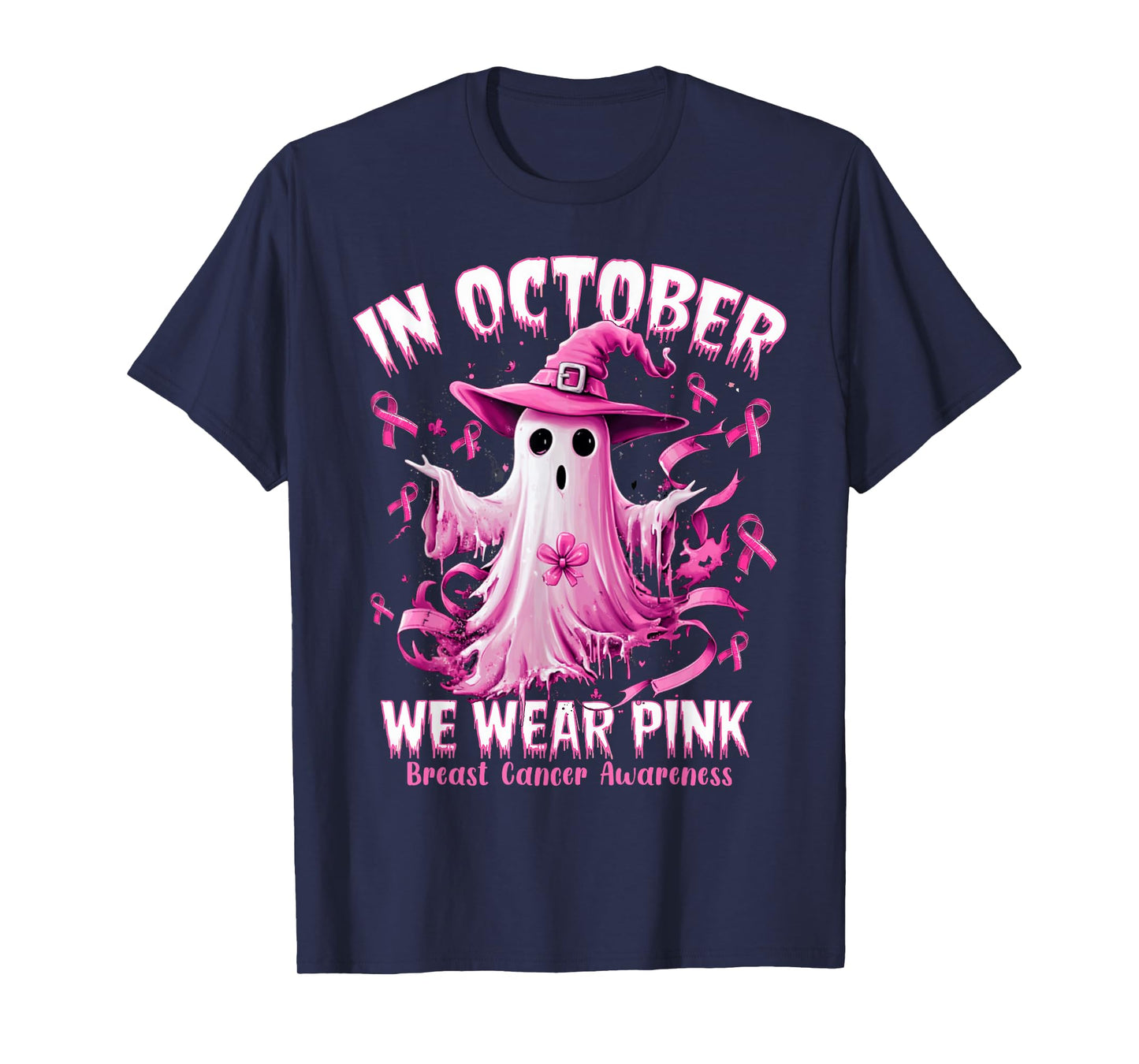 In October We Wear Pink Ghost Witch Breast Cancer Awareness T-Shirt