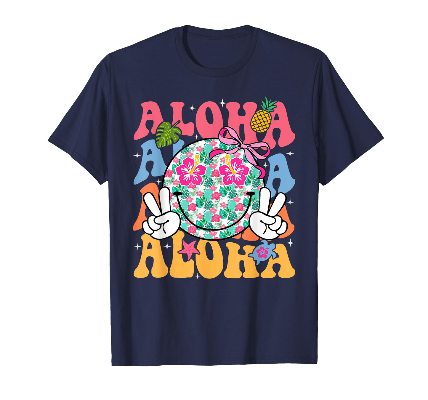 Aloha Hawaiian Cute Smile Face Shaka Hibiscus Kids Girls T-Shirt