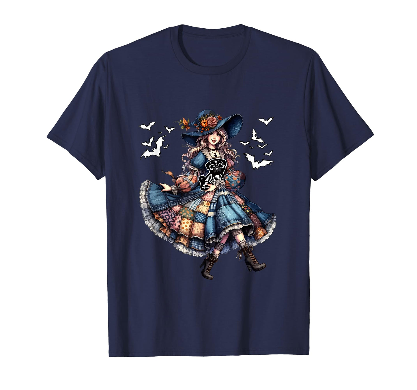 Floral Witch Hugging Pug Cosplay Skeleton Halloween T-Shirt