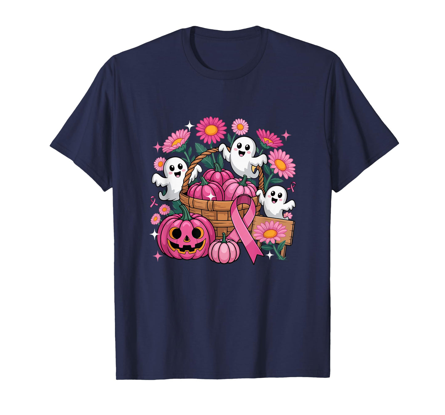 Floral Group Boos Halloween Breast Cancer Awareness Ribbon T-Shirt