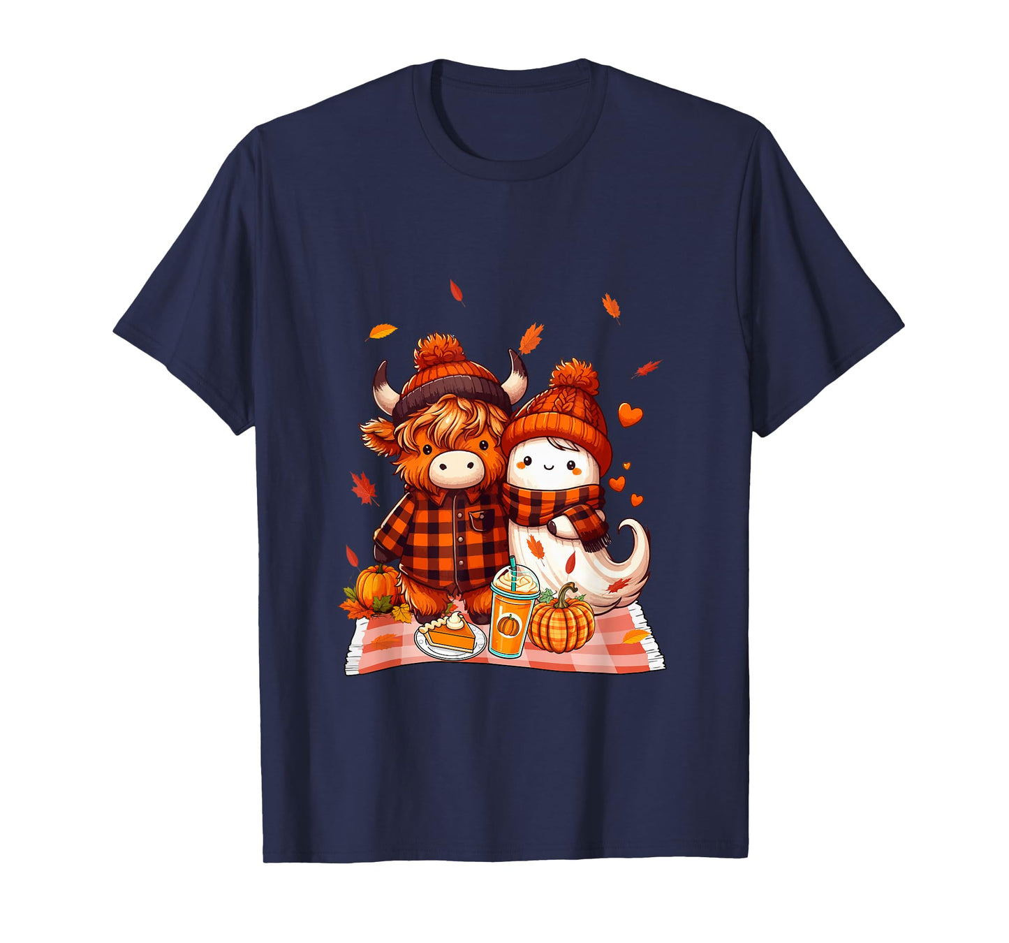 Highland Cow with Boo Halloween Thanksgiving Fall Pumpkins T-Shirt