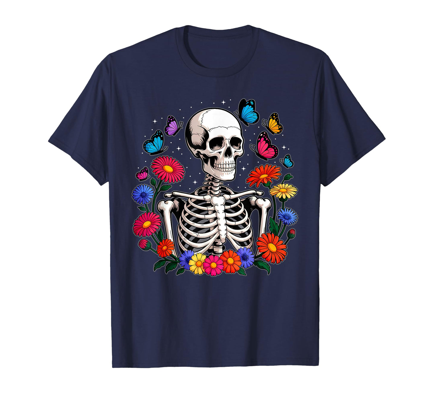 Skeleton Flowers Butterfly Floral Halloween Men Women T-Shirt