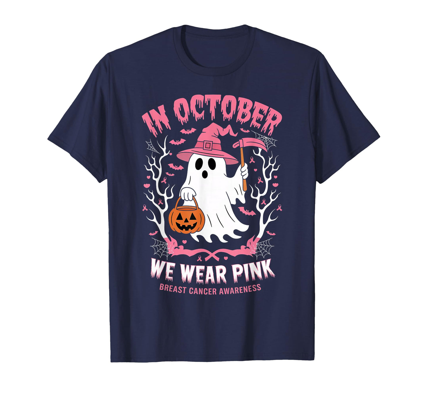 in October We Wear Pink Breast Cancer Awareness Halloween T-Shirt