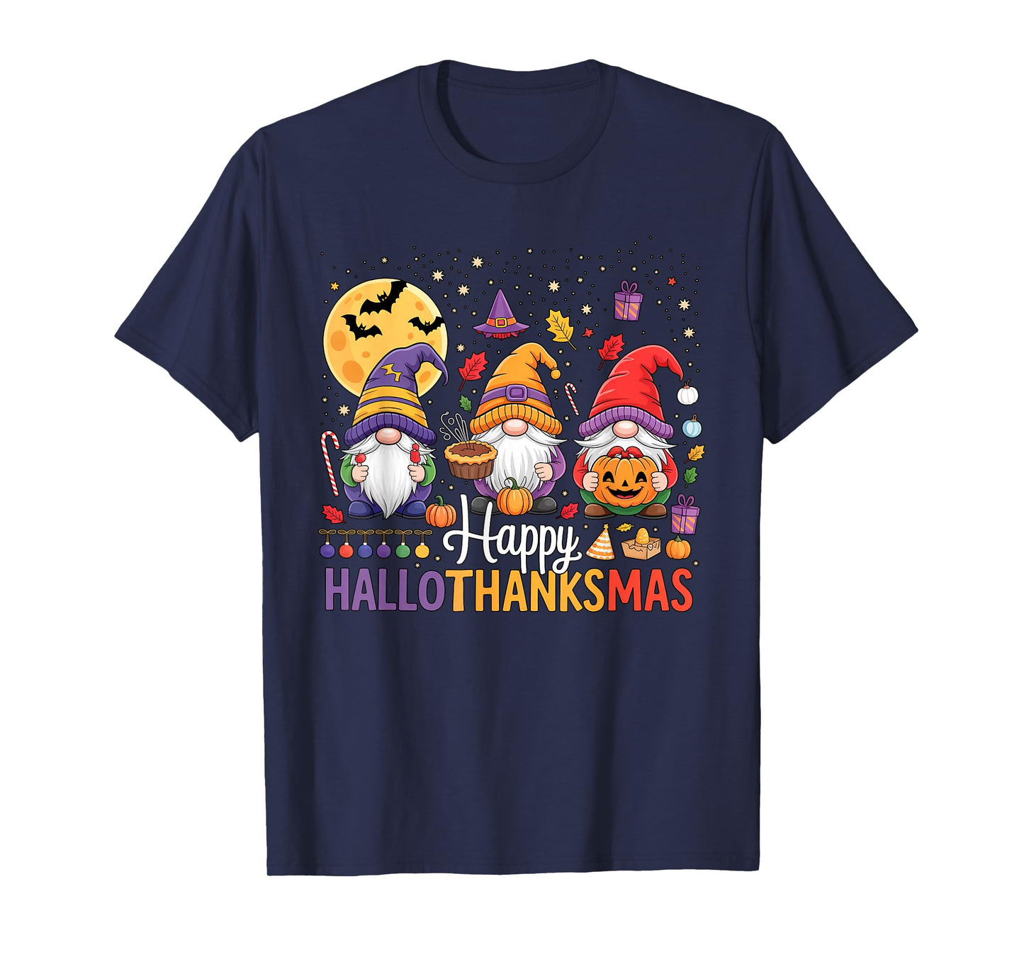 Halloween Thanksgiving Christmas Happy HalloThanksMas Gnomes T-Shirt