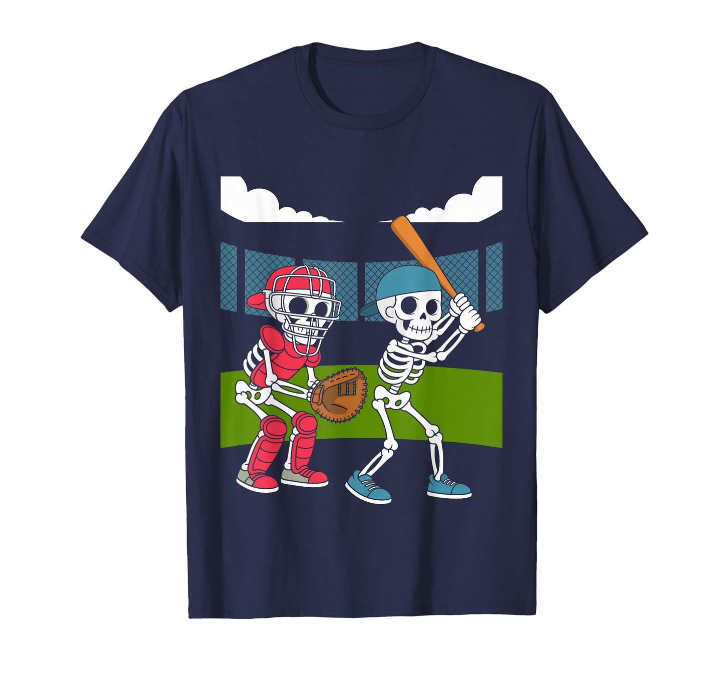 Halloween Skeleton Baseball Field Batter Catcher Graphic T-Shirt