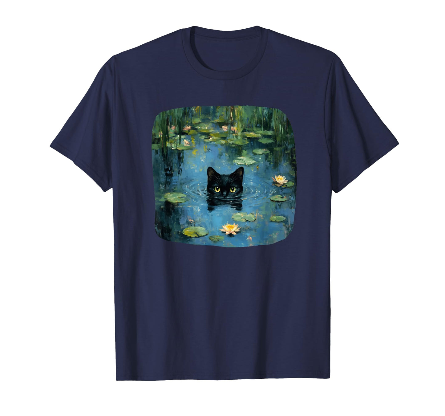 Mystical Black Cat Swimming in Waterlily Pond Art Lover Men Women Kids T-Shirt