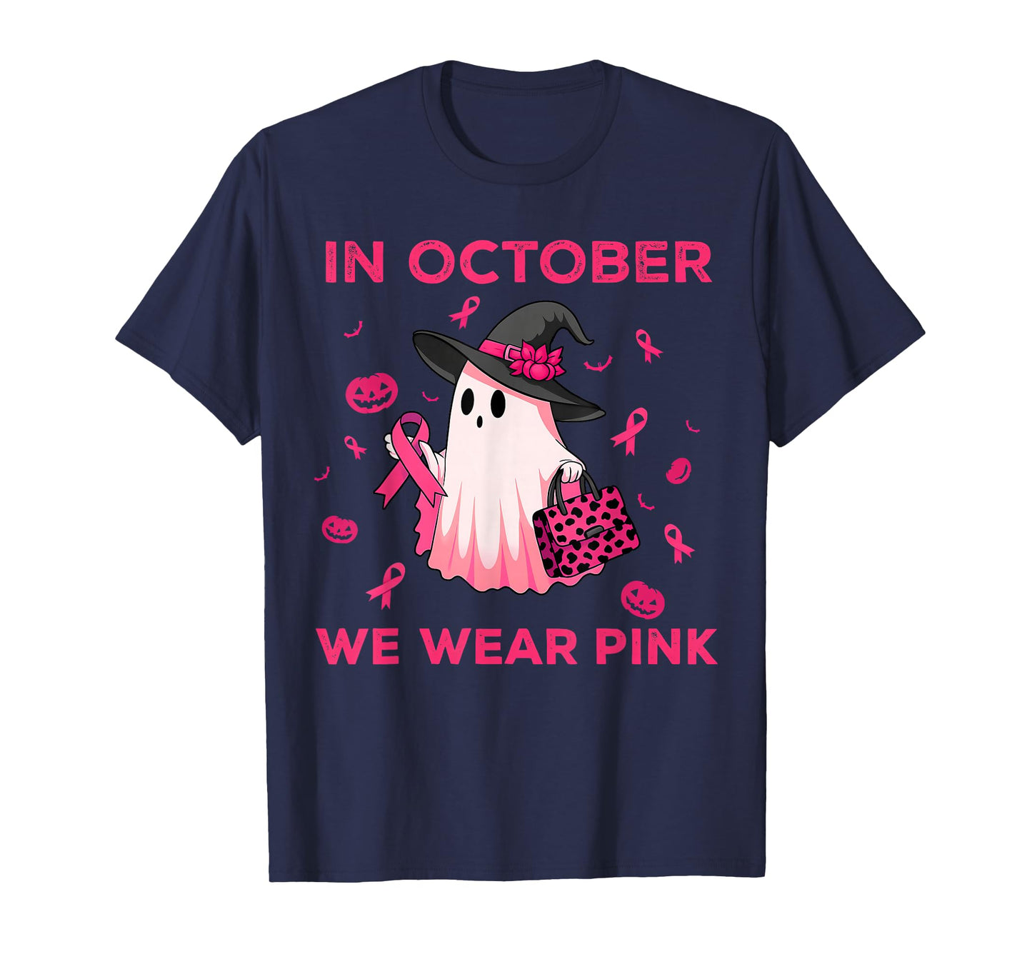 in October We Wear Pink Witch Ghost Breast Cancer Awareness T-Shirt