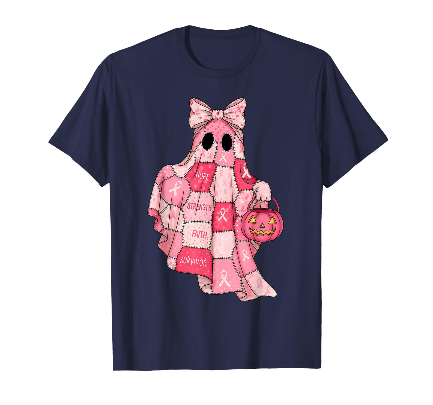 Pink Patchwork Ghost Witch Breast Cancer Awareness Halloween T-Shirt