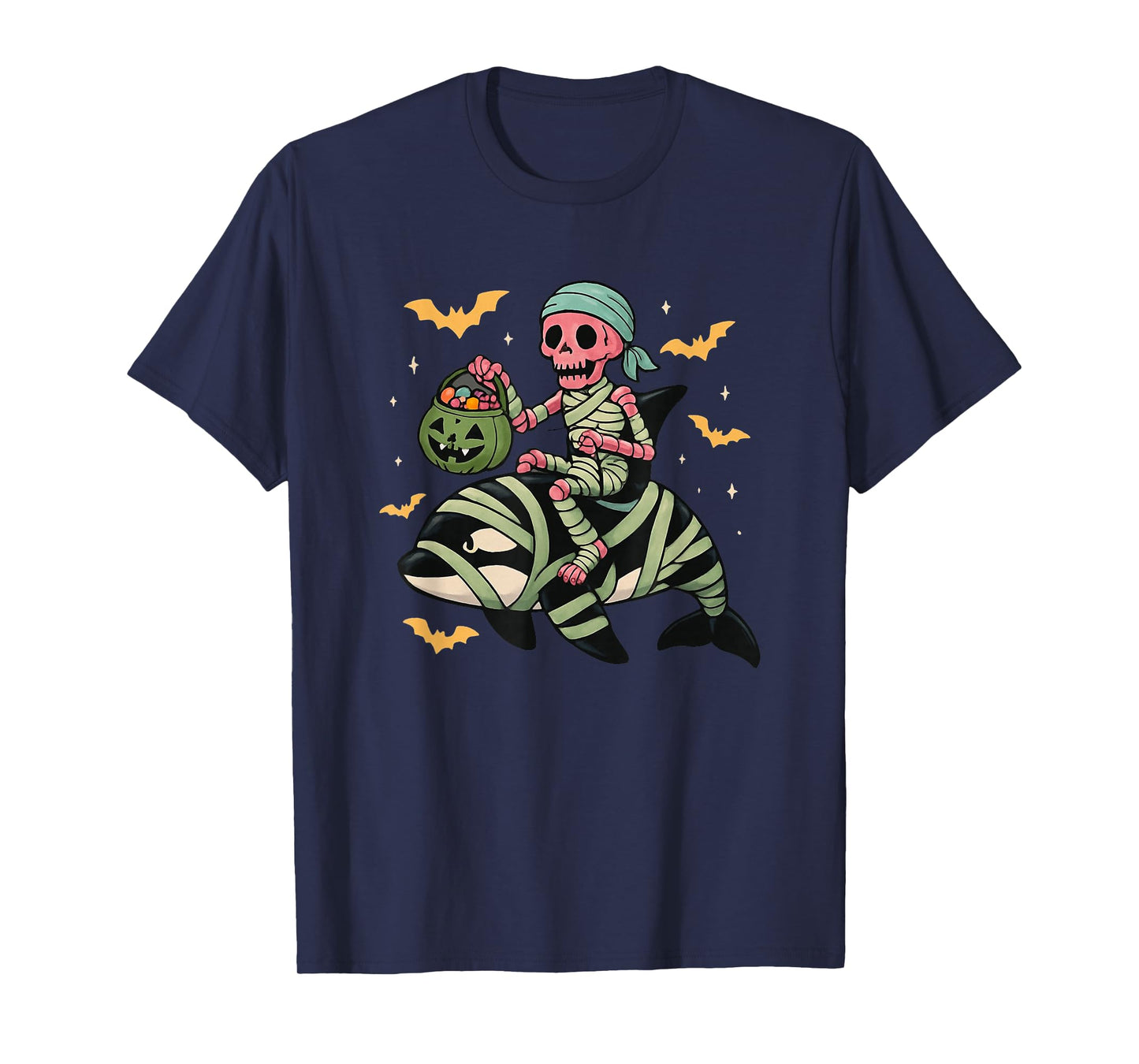 Skeleton Riding Mummy Orca Halloween Candy Whale T-Shirt