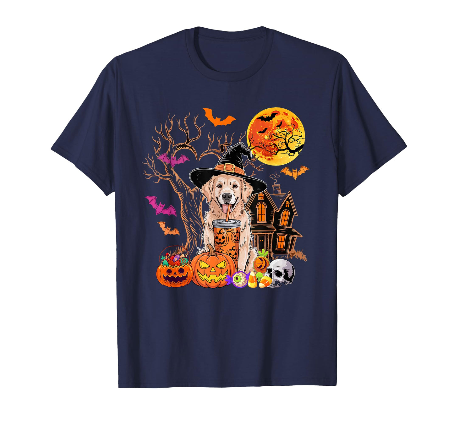 Golden Retriever As Witch Drinking Coffee Halloween Pumpkin T-Shirt