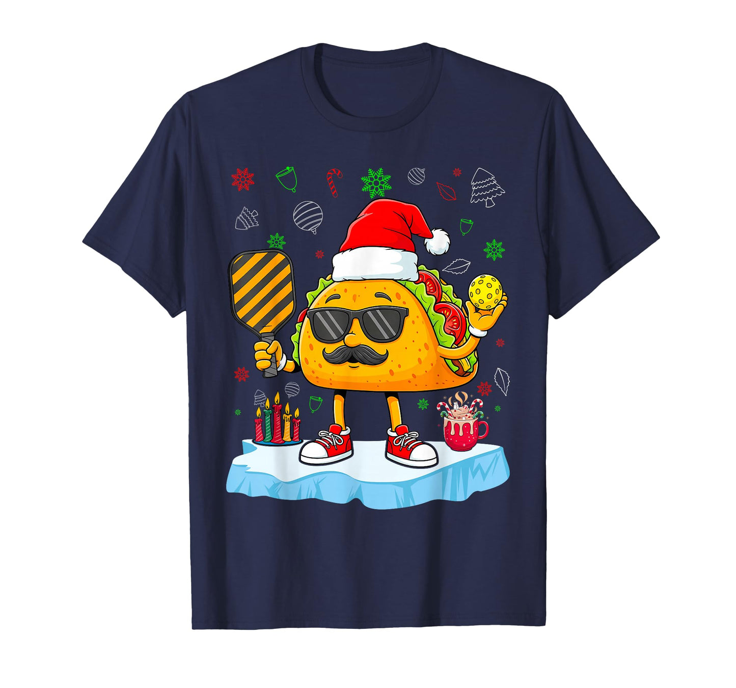 Taco with Santa Hat Playing Pickleball Christmas Party T-Shirt