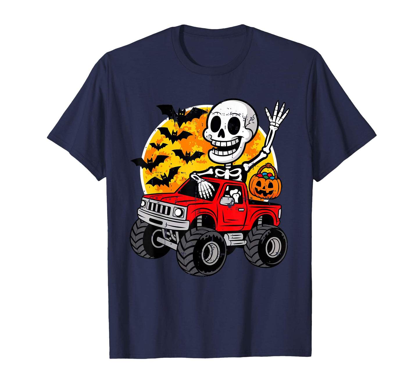 Skeleton Monster Truck Moon Pumpkin Halloween for Boys Kids T-Shirt