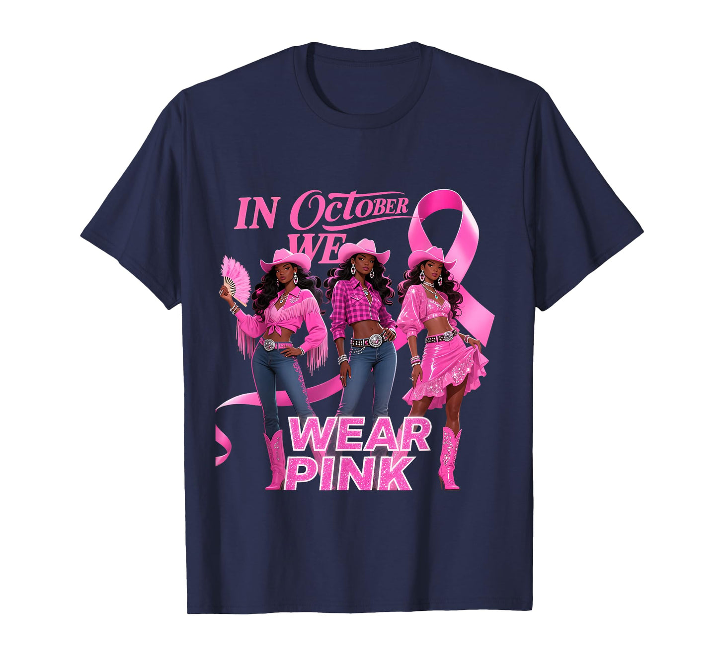 in October We Wear Pink Cowgirl Melanin Rodeo Breast Cancer T-Shirt