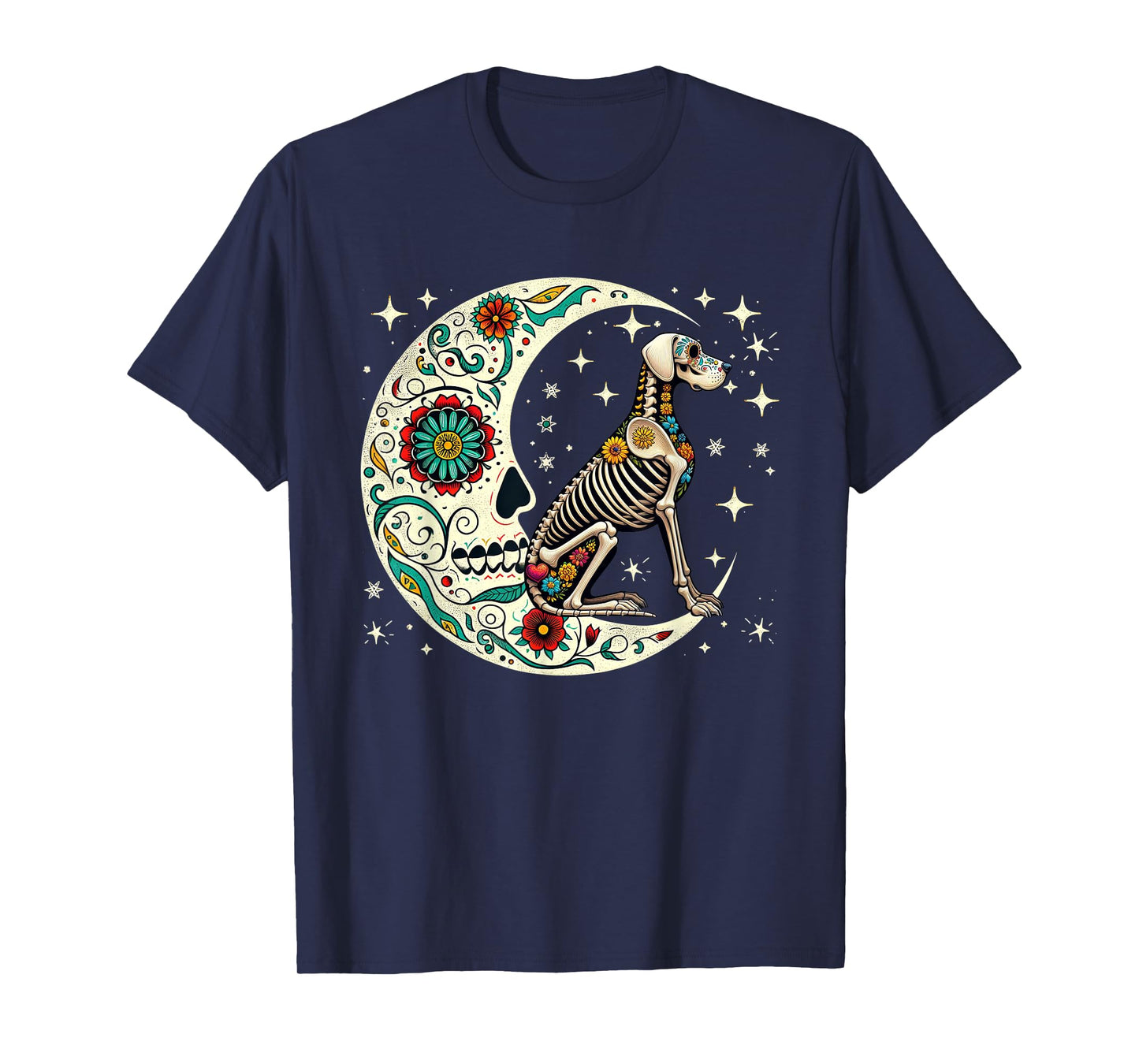 Dia De Los Muertos Halloween Moon Floral Skeleton Great Dane T-Shirt