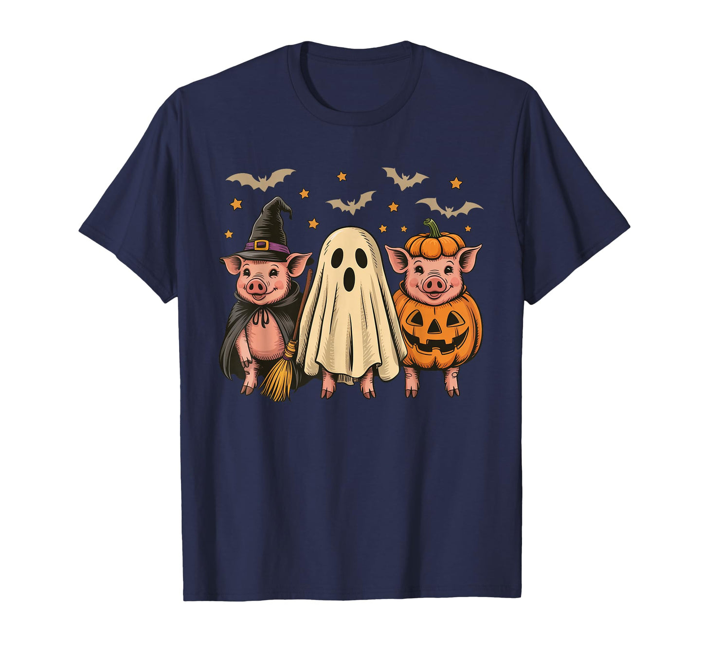 Three Halloween Pigs Cosplay Witch Boo Carved Pumpkin T-Shirt