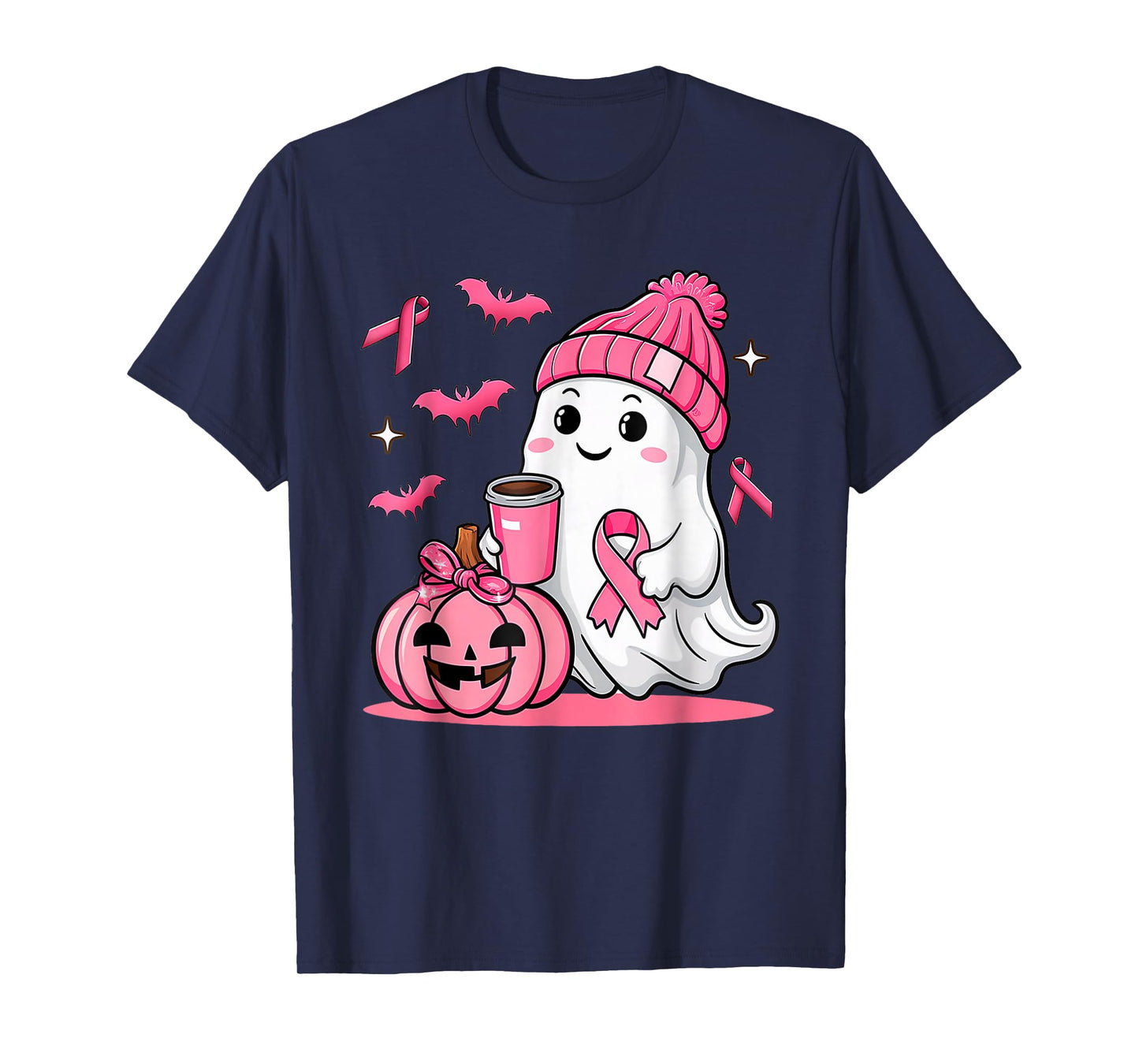 Cute Ghost Drinking Coffee Halloween Breast Cancer Awareness T-Shirt