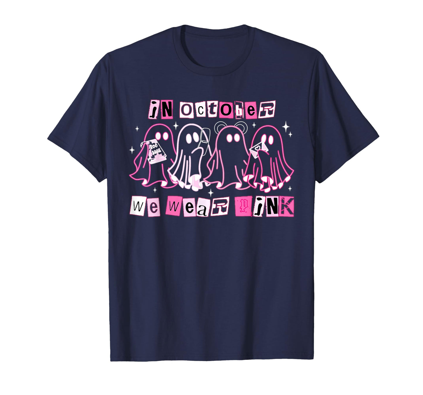 in October We Wear Pink Ghost Boo Halloween Breast Cancer T-Shirt