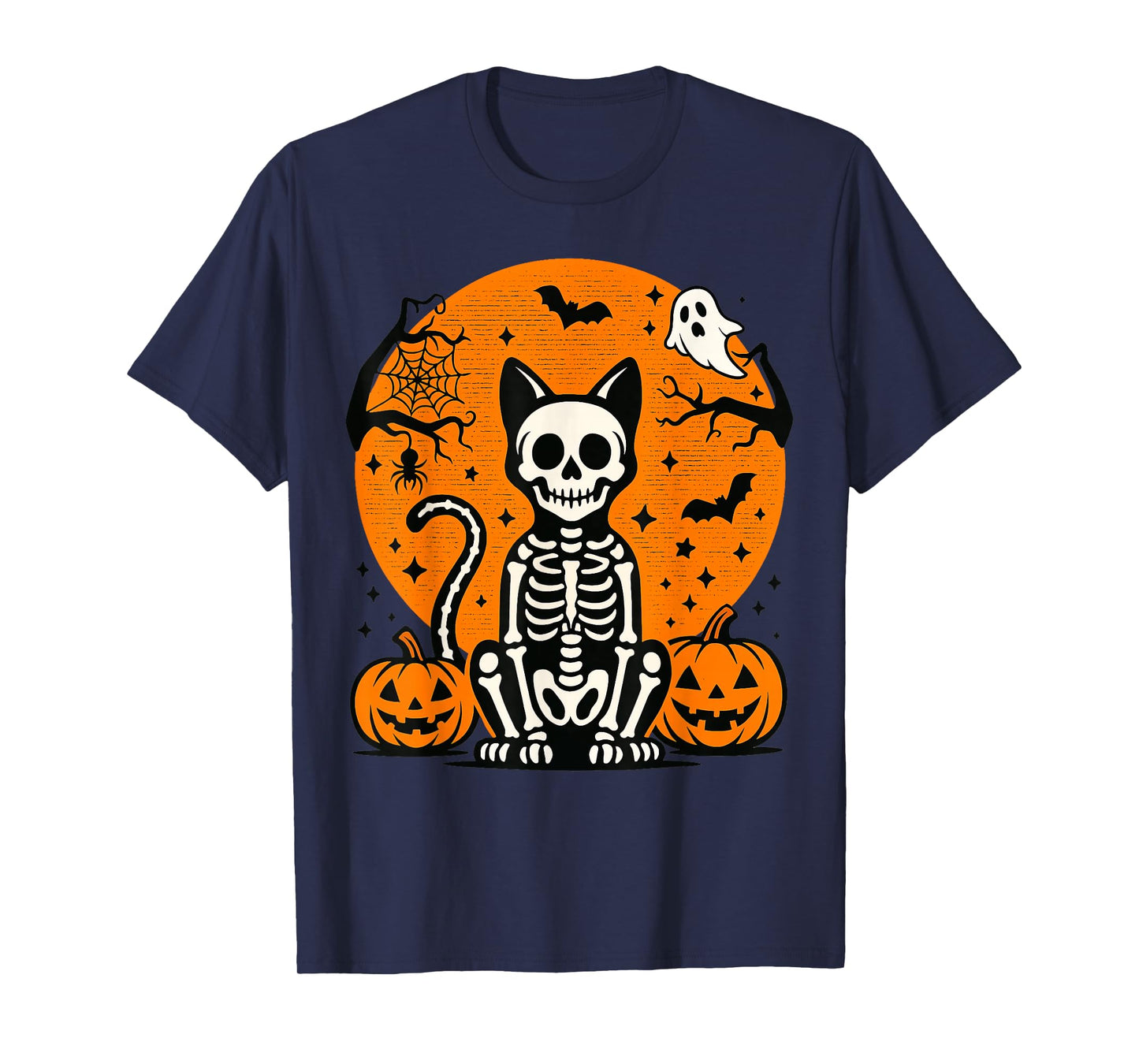 Spooky Cat Skeleton Halloween Retro Moon Costume T-Shirt