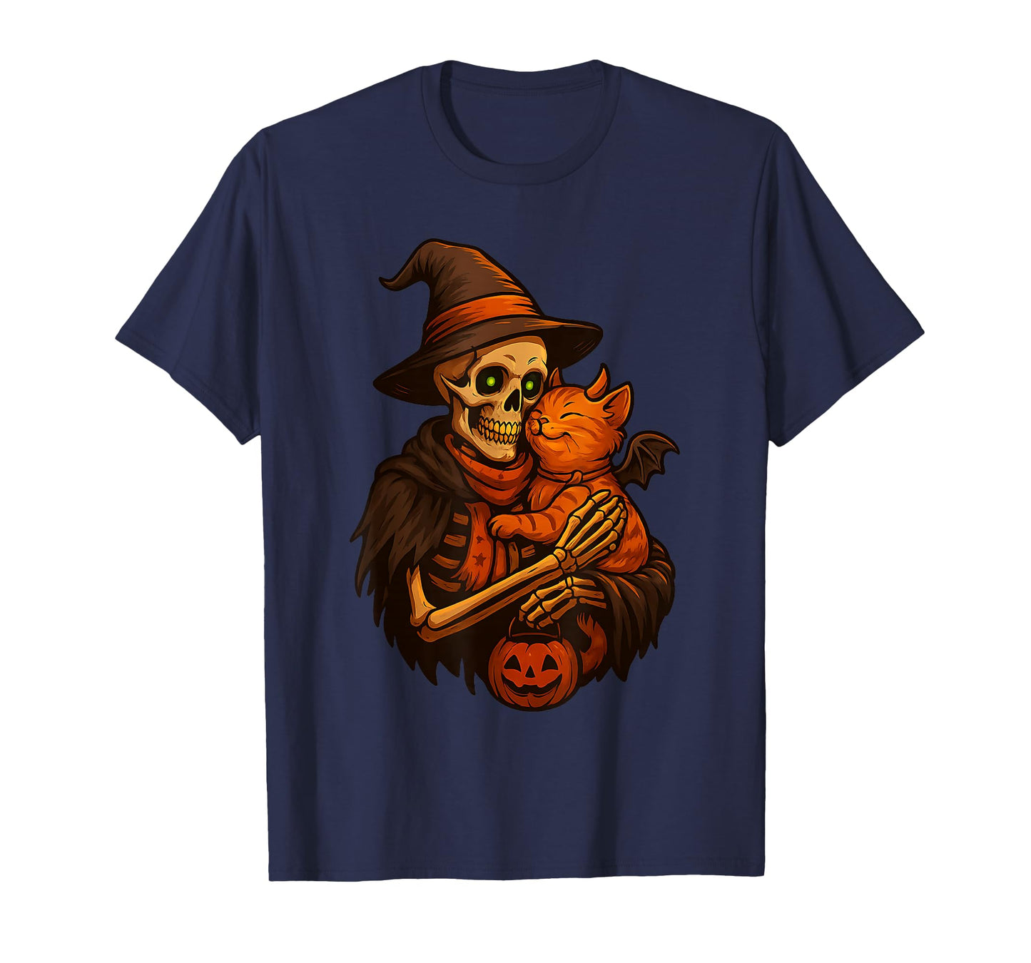Skeleton Cat Pumpkin Halloween Funny Cute Men Women Lazy T-Shirt
