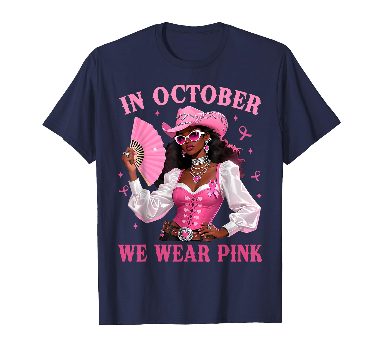 in October We Wear Pink Afro Western Cowgirl Breast Cancer T-Shirt