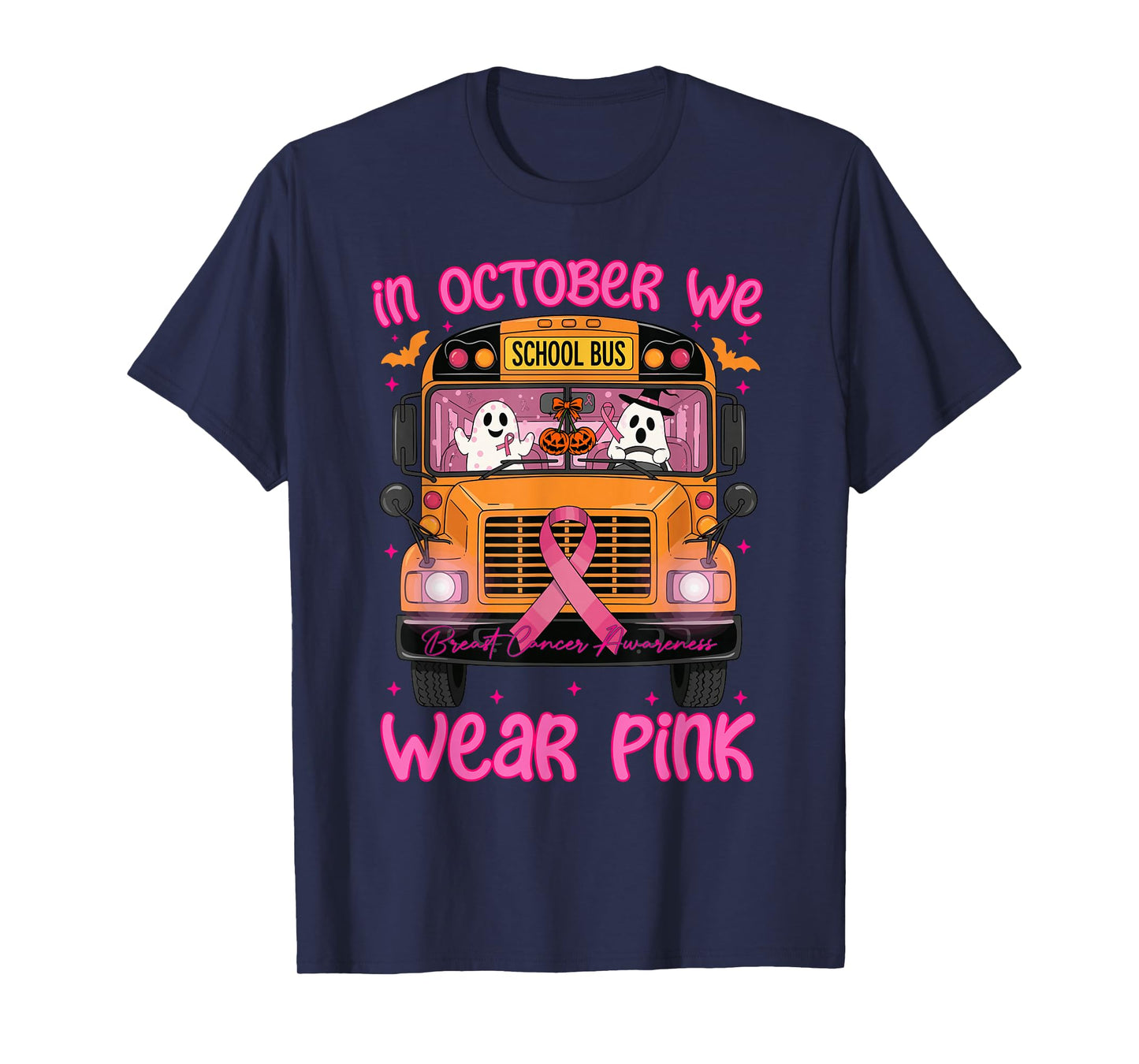 in October We Wear Pink School Bus Driver Breast Cancer T-Shirt