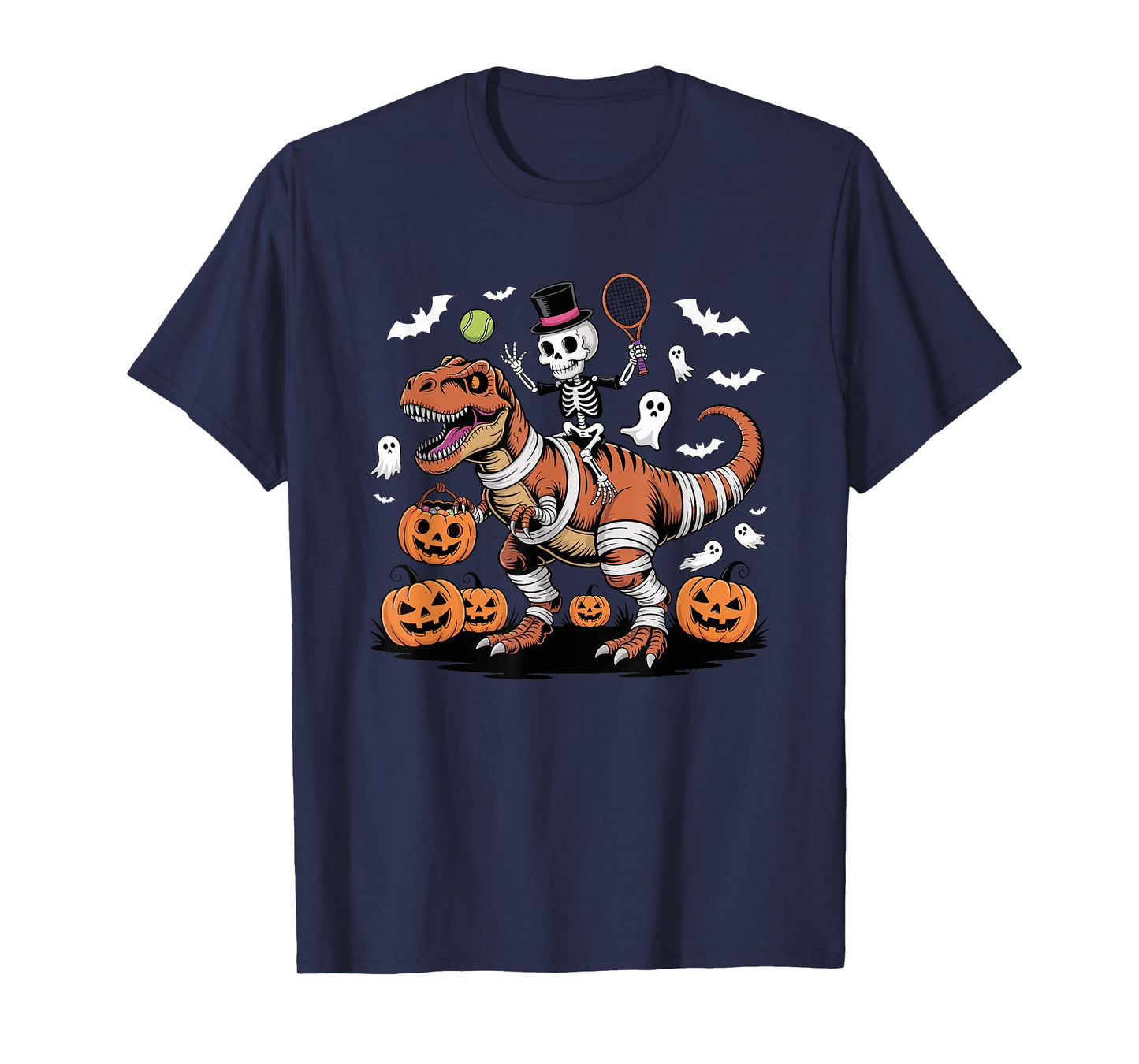 Tennis Skeleton Riding Mummy Dinosaur T-Rex Halloween Boys T-Shirt