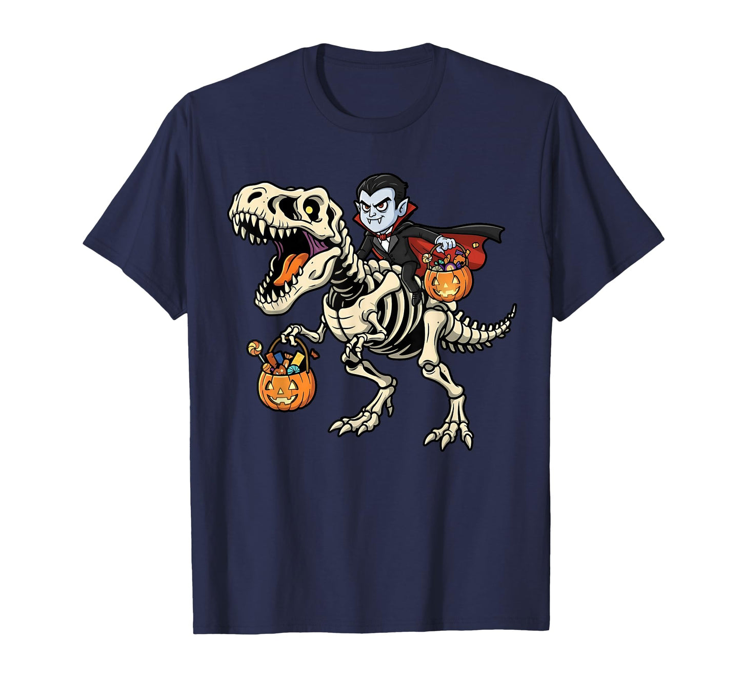 Vampire Riding Skeleton T-Rex Funny Halloween Dinosaur T-Shirt