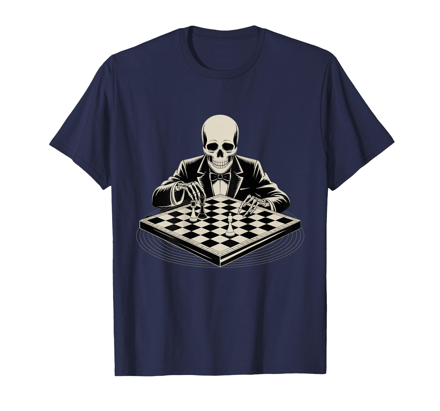 Backprint Skeleton Playing Chess Cool Skull Funny Skeleton T-Shirt