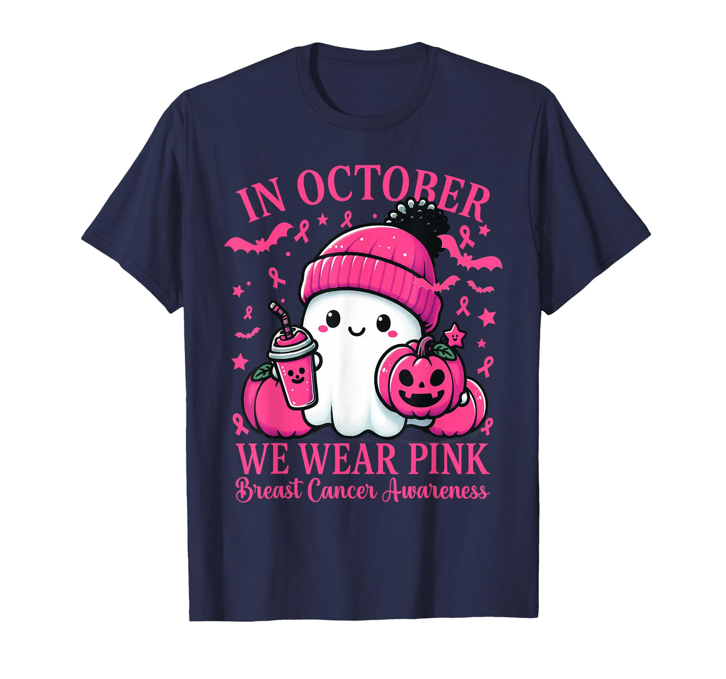 in October We Wear Pink Breast Cancer Boo Ghost Halloween T-Shirt