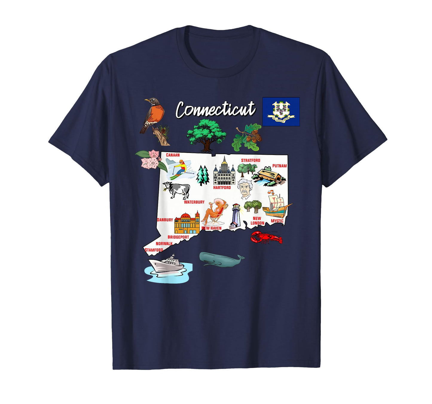 Illustrated map of Connecticut in the USA, cities T-Shirt