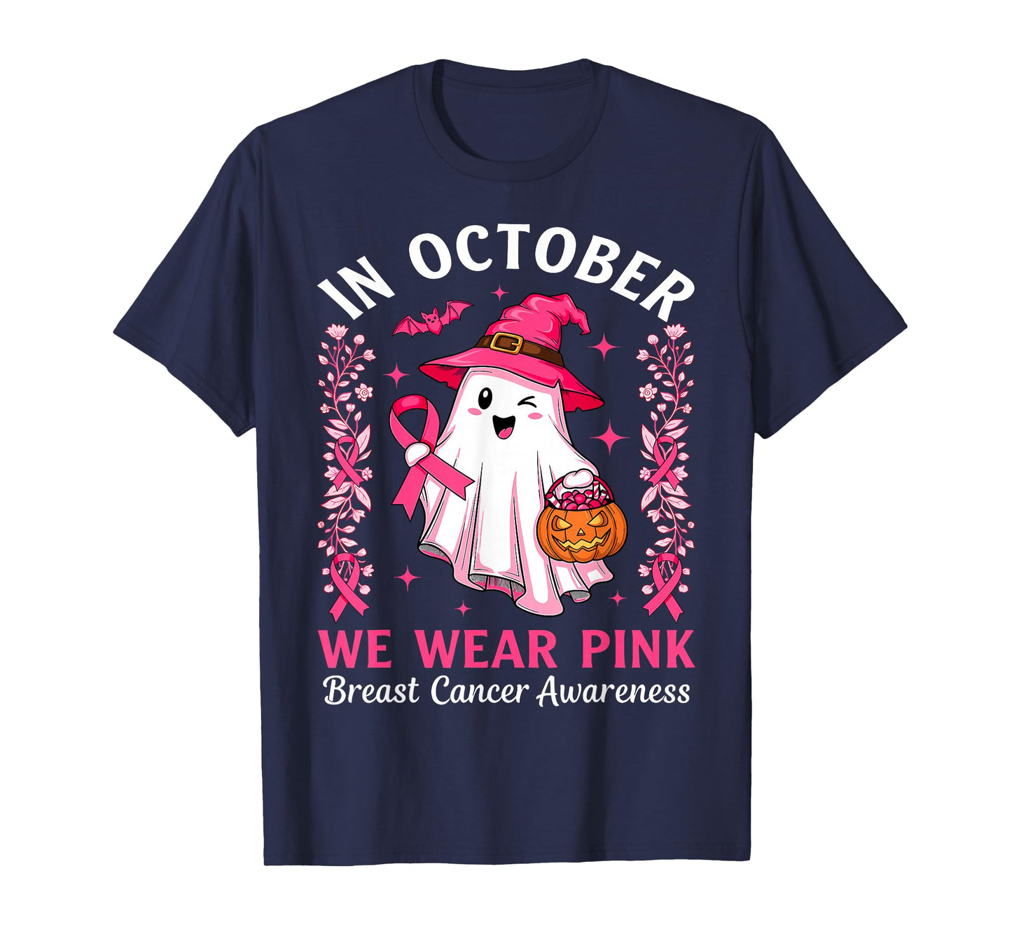 in October We Wear Pink Ghost Witch Breast Cancer Awareness T-Shirt