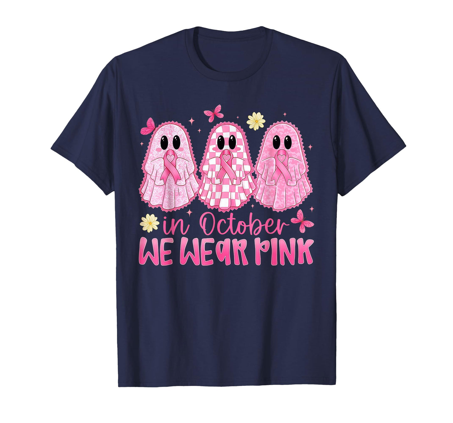 in October We Wear Pink Ghost Witch Breast Cancer Awareness T-Shirt