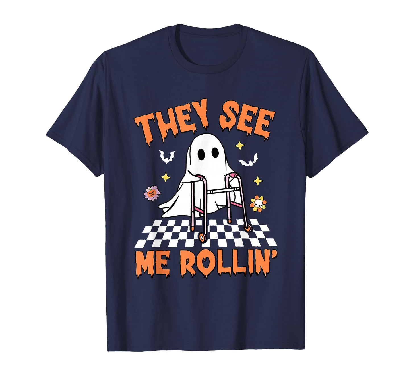 They See Me Rollin' Halloween Checkered Floral Ghost Therapy T-Shirt