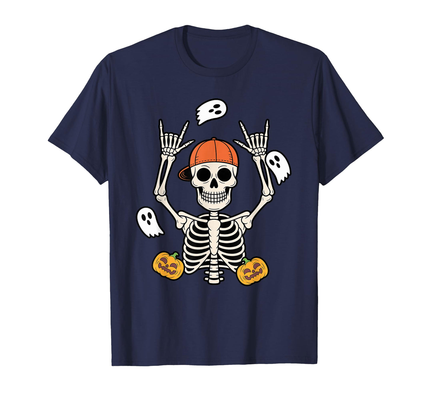 Halloween Skeleton with Pumpkins and Ghosts Rock Pose T-Shirt