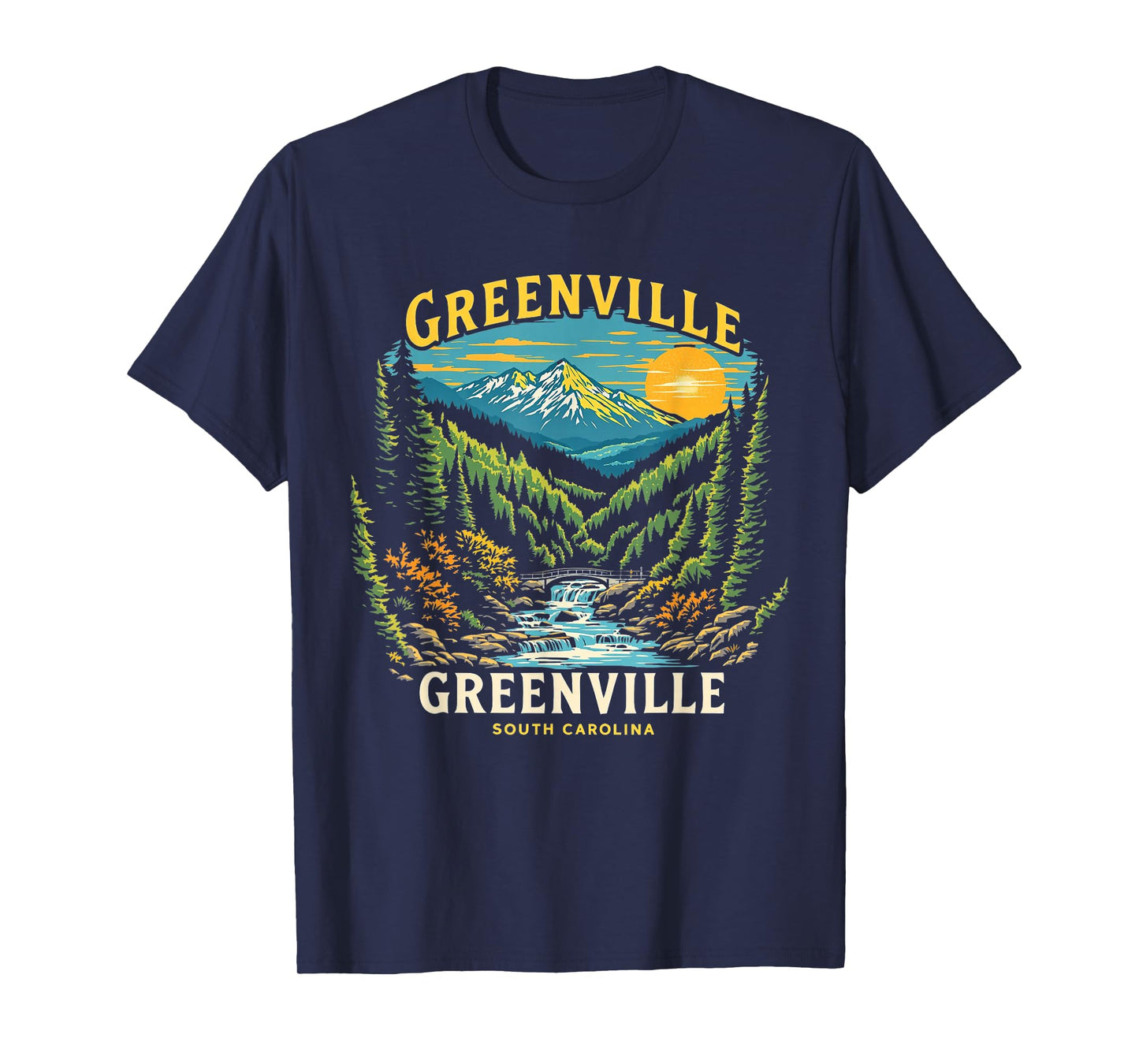 Vintage Greenville South Carolina Sunset Mountains Cityscape T-Shirt