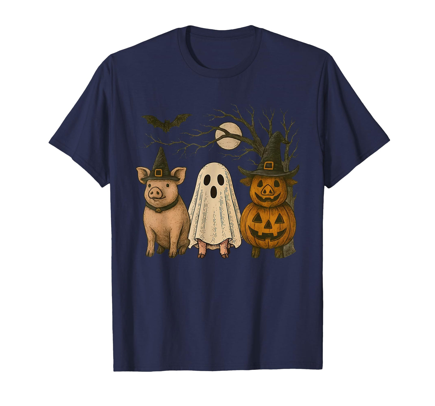 Three Halloween Pigs Cosplay Witch Boo Carved Pumpkin T-Shirt