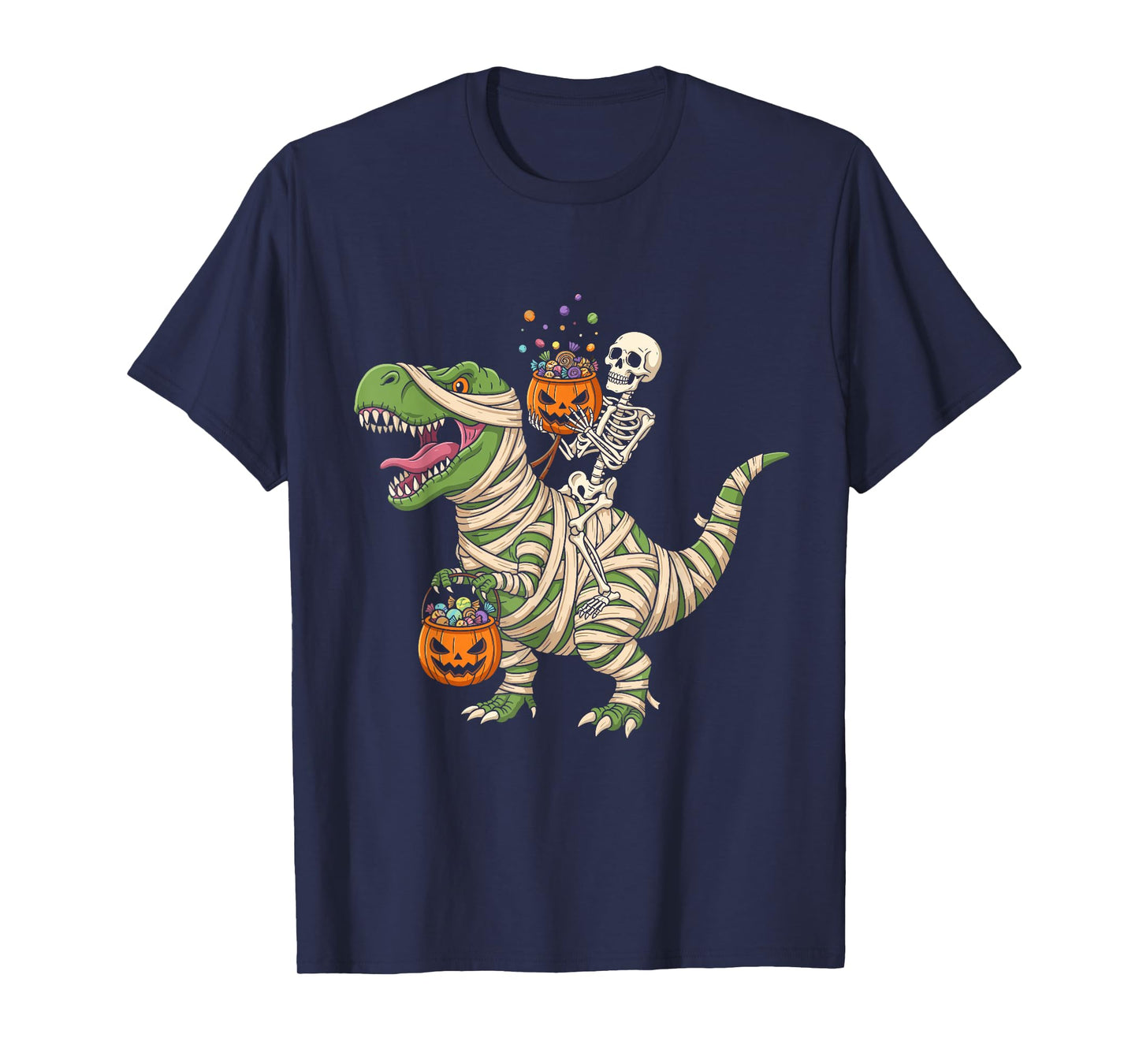 Skeleton Riding Mummy Dinosaur T-Rex Funny Halloween Pumpkin T-Shirt