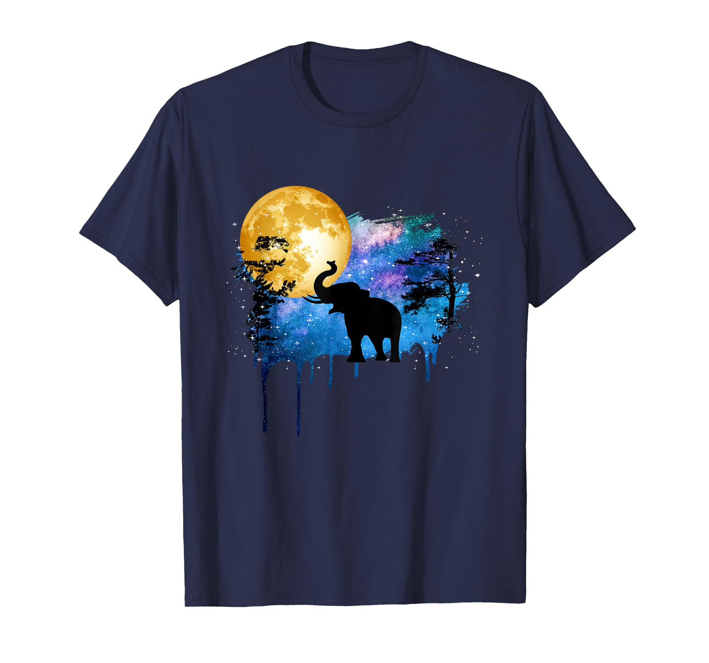 Elephant Full Moon Galaxy Star Night Nature Graphic Art T-Shirt