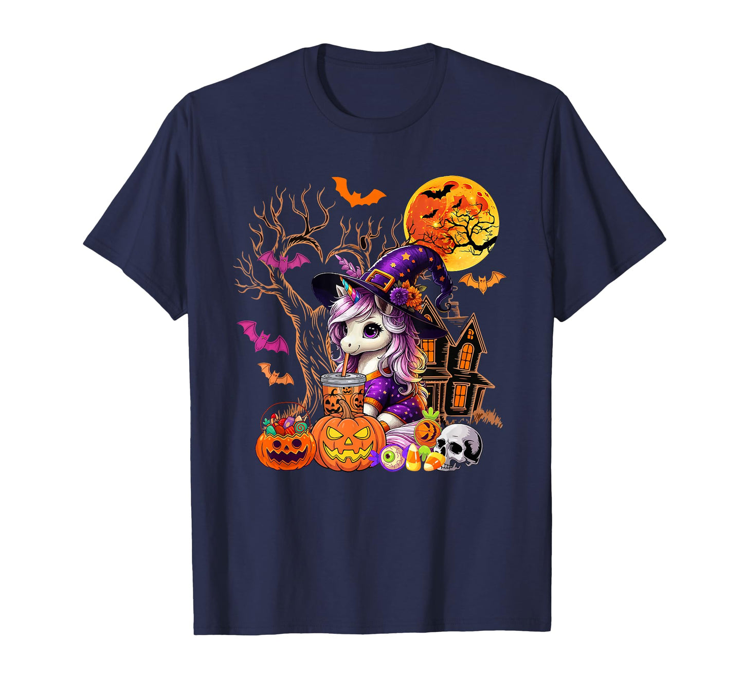 Unicorn As Witch Drinking Coffee Halloween Carved Pumpkin T-Shirt