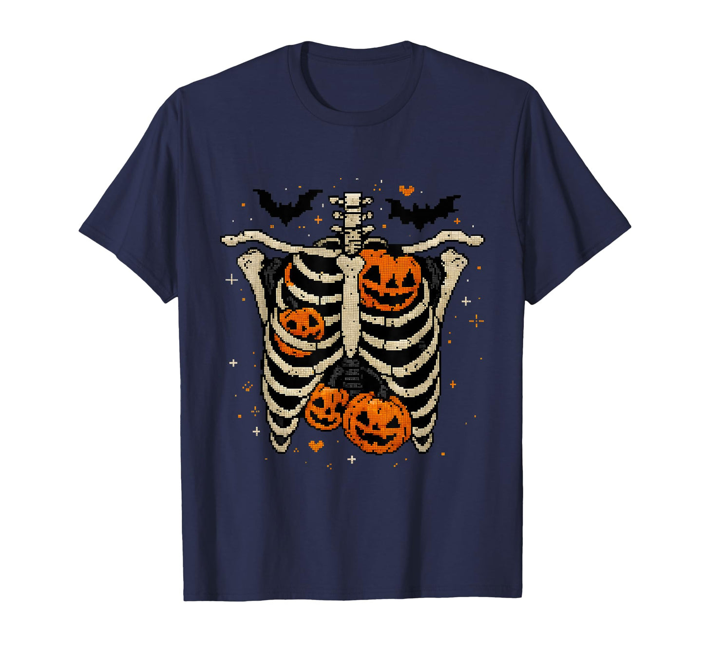 Pixel Skeleton Ribcage Pumpkins Funny Halloween Design T-Shirt