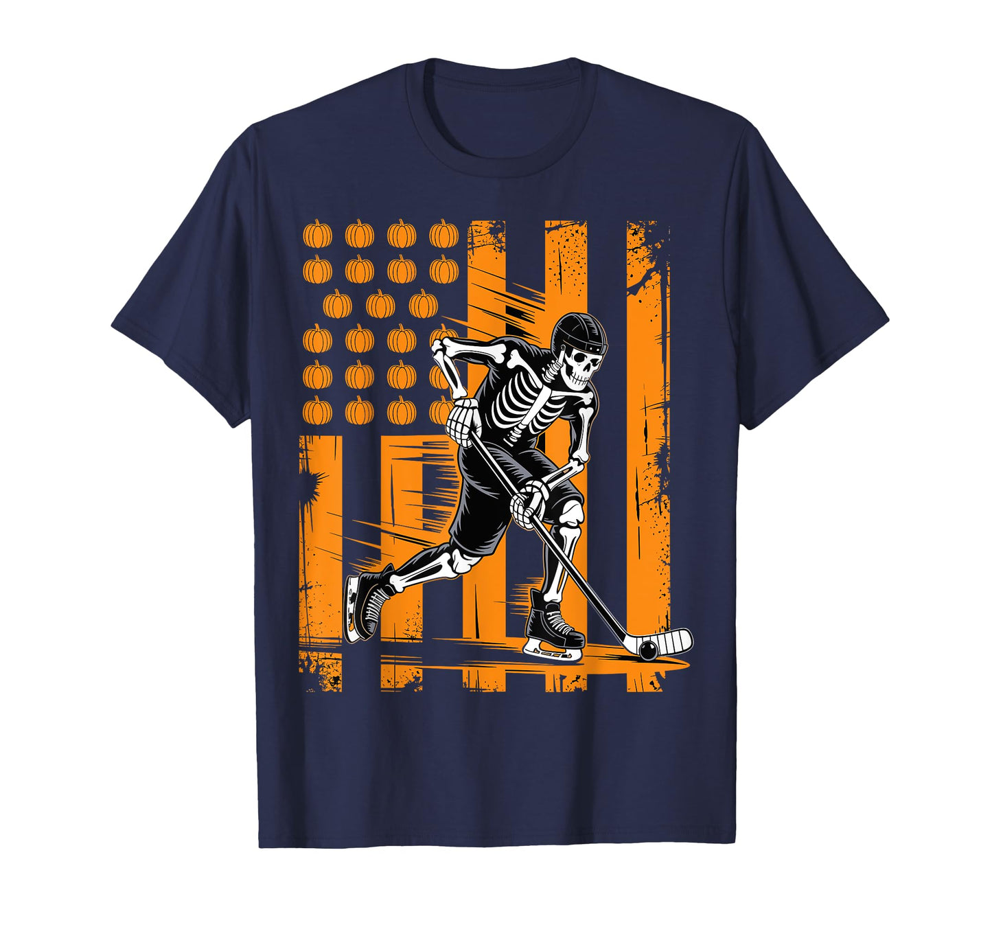 Skeleton Hockey Player Halloween American Flag T-Shirt