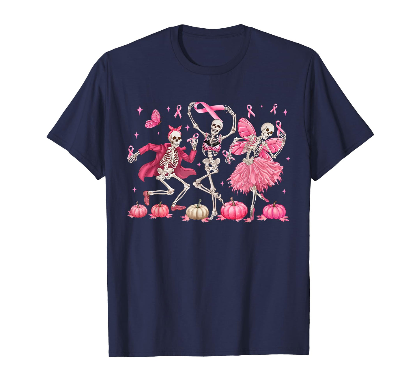 Pink Ribbon Skeleton Halloween Breast Cancer Awareness T-Shirt